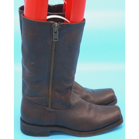 FRYE Heath Side Zip Brown Leather Riding Biker Work Boots Mens Sz 8.5 Square Toe